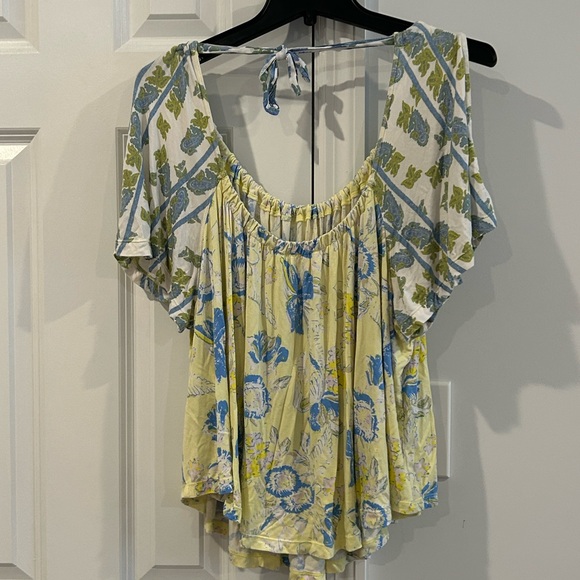 Free People Baja Babe Printed Tie-Back Top Lemon Gelato Yellow Blue - Picture 4 of 6